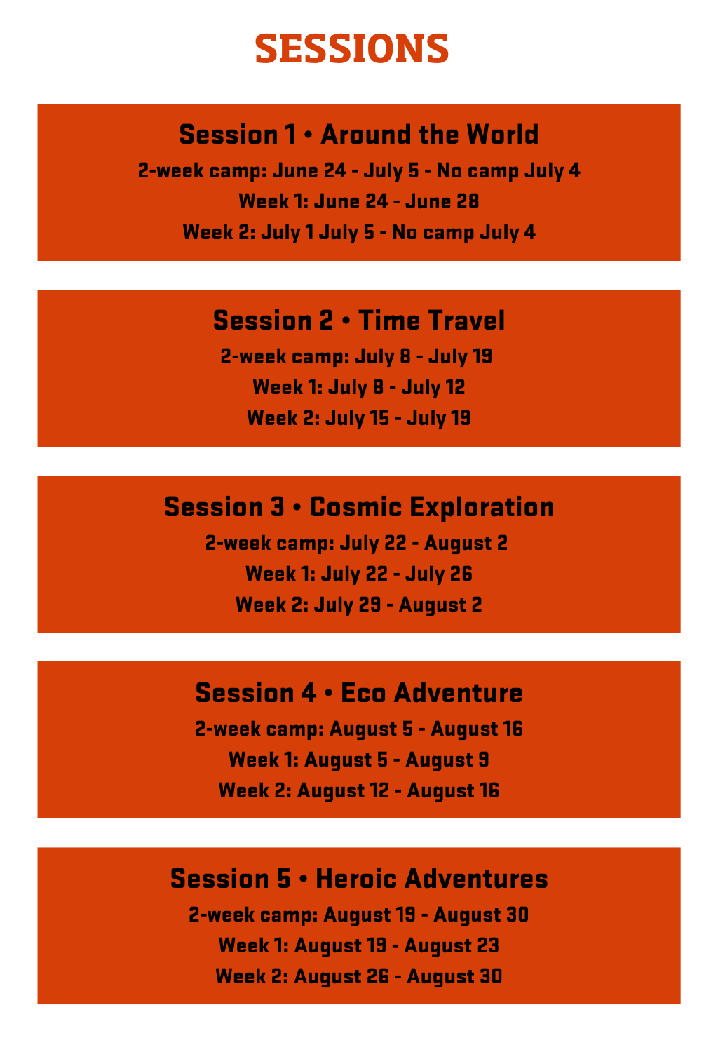 Table of Summer Day Camp session dates 