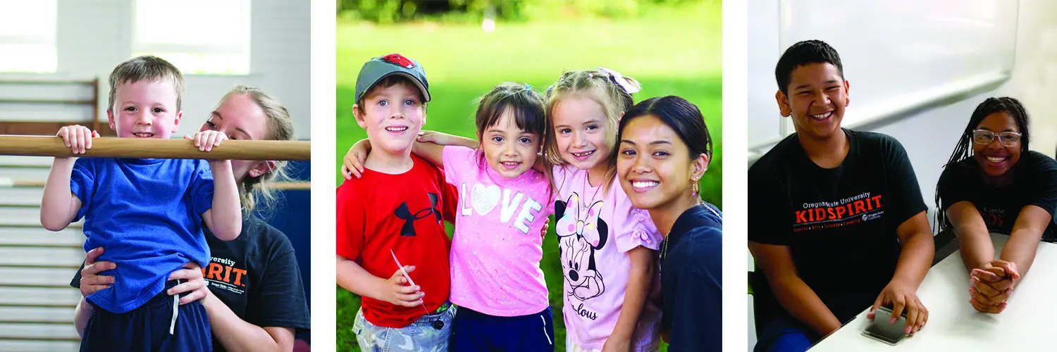 Three photos, one of a staff member helping a gymnast on the bars, one of a staff member with three summer day campers in a field and one of a staff member and teen leader in a classroom