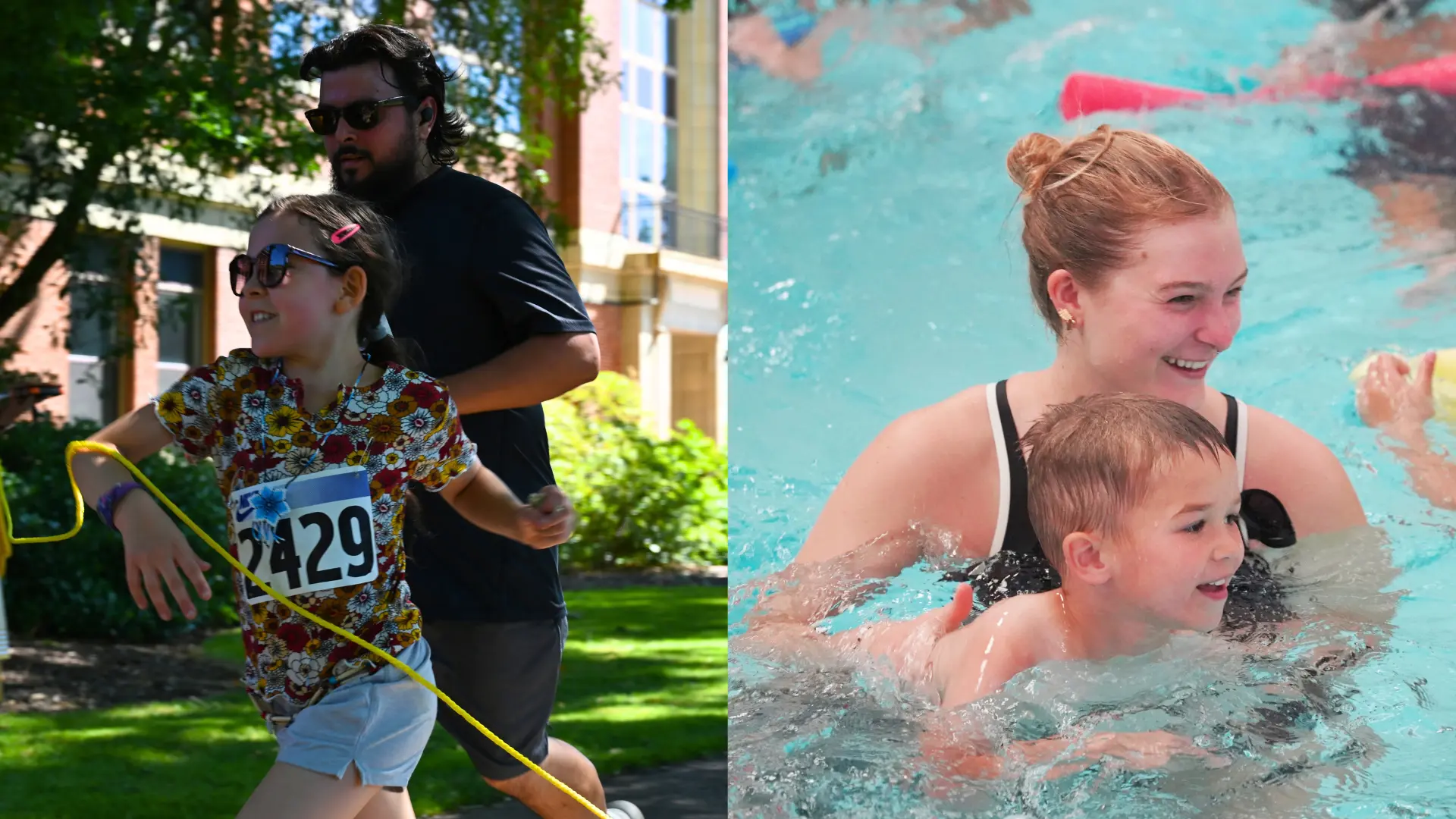Summer Day Camp header showing campers running, smiling, and swimming.
